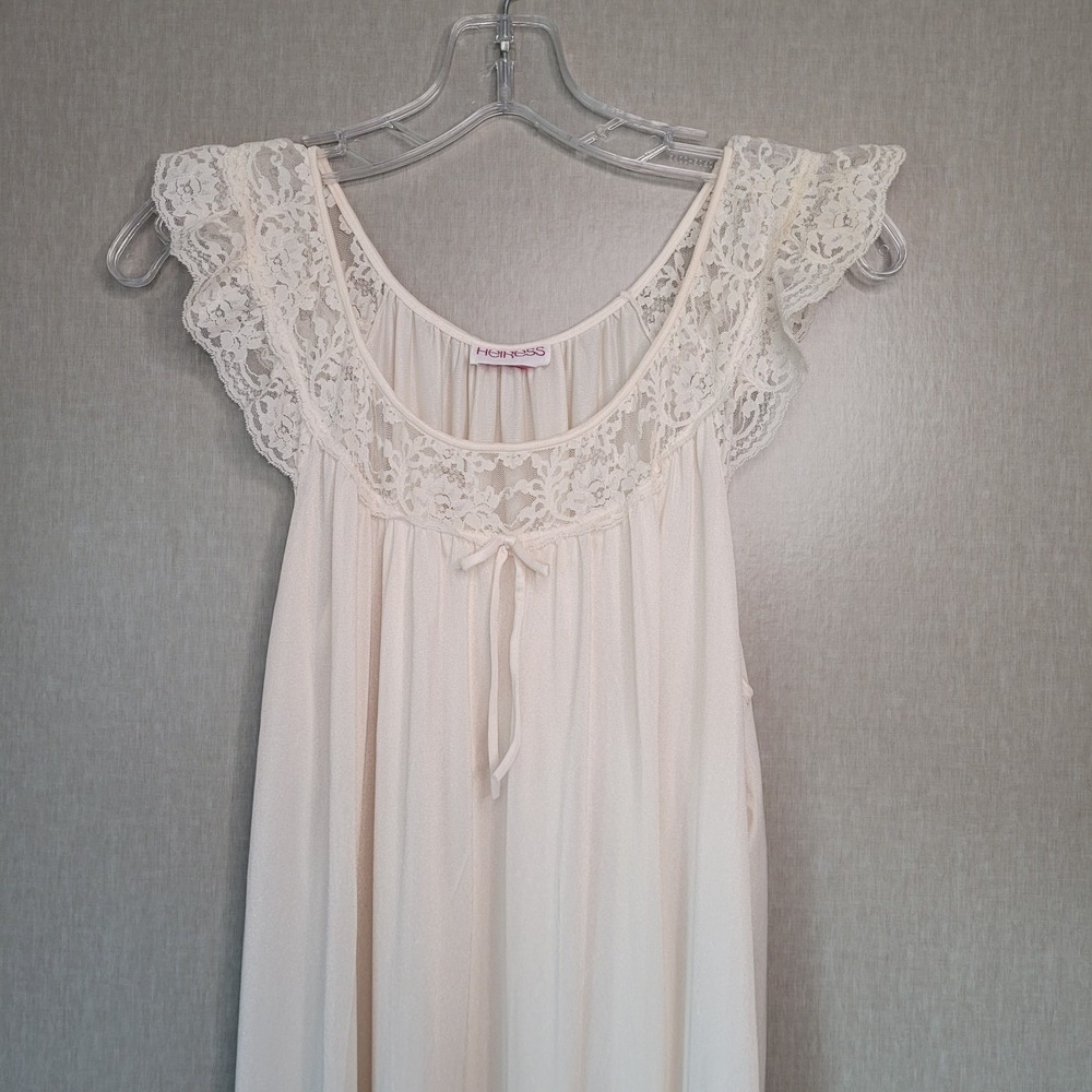 Vintage Heiress Cream Liquid Satin Nightgown Lace Flutter Sleeve Flawed As-Is M